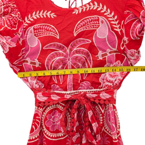 FARM Rio Summer Sunrise Midi Dress Red Short Sleeve Belted Back Cut Out Size S - Picture 8 of 13
